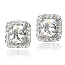 925 Silver White Topaz Cushion Stud Earrings Wedding Jewelry
